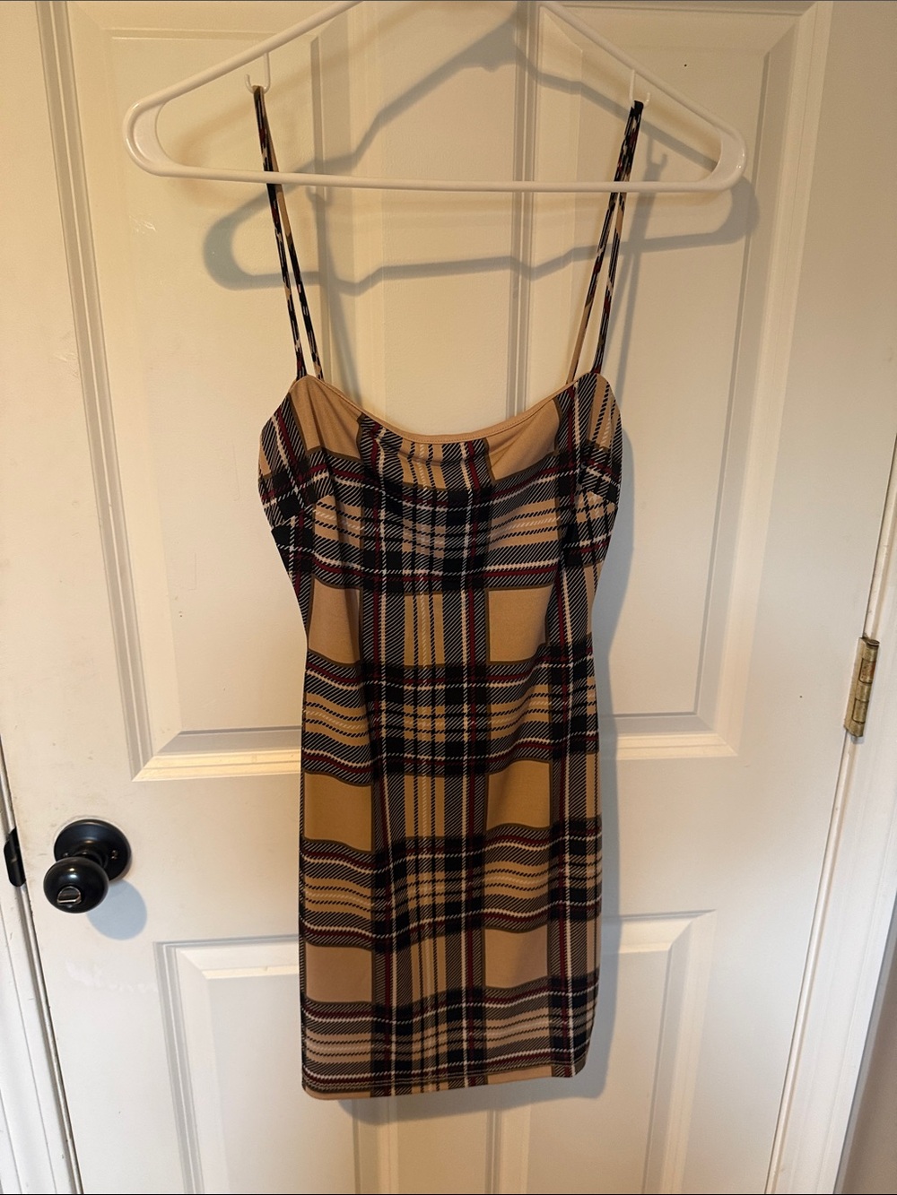 Windsor Tan Plaid Mini Dress with Black and Red Accents